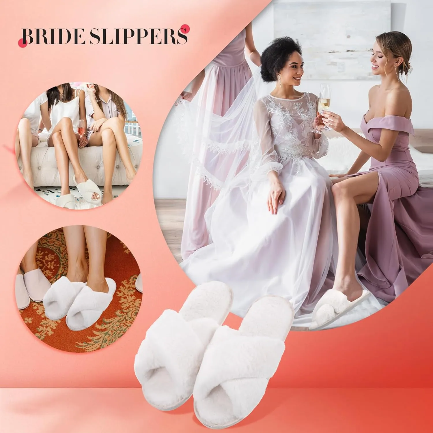 Newcotte 2 Pairs Women's Fuzzy Slippers Cross Band Fluffy Plush Cozy Open Toe House Slippers for Bridesmaid Indoor Outdoor