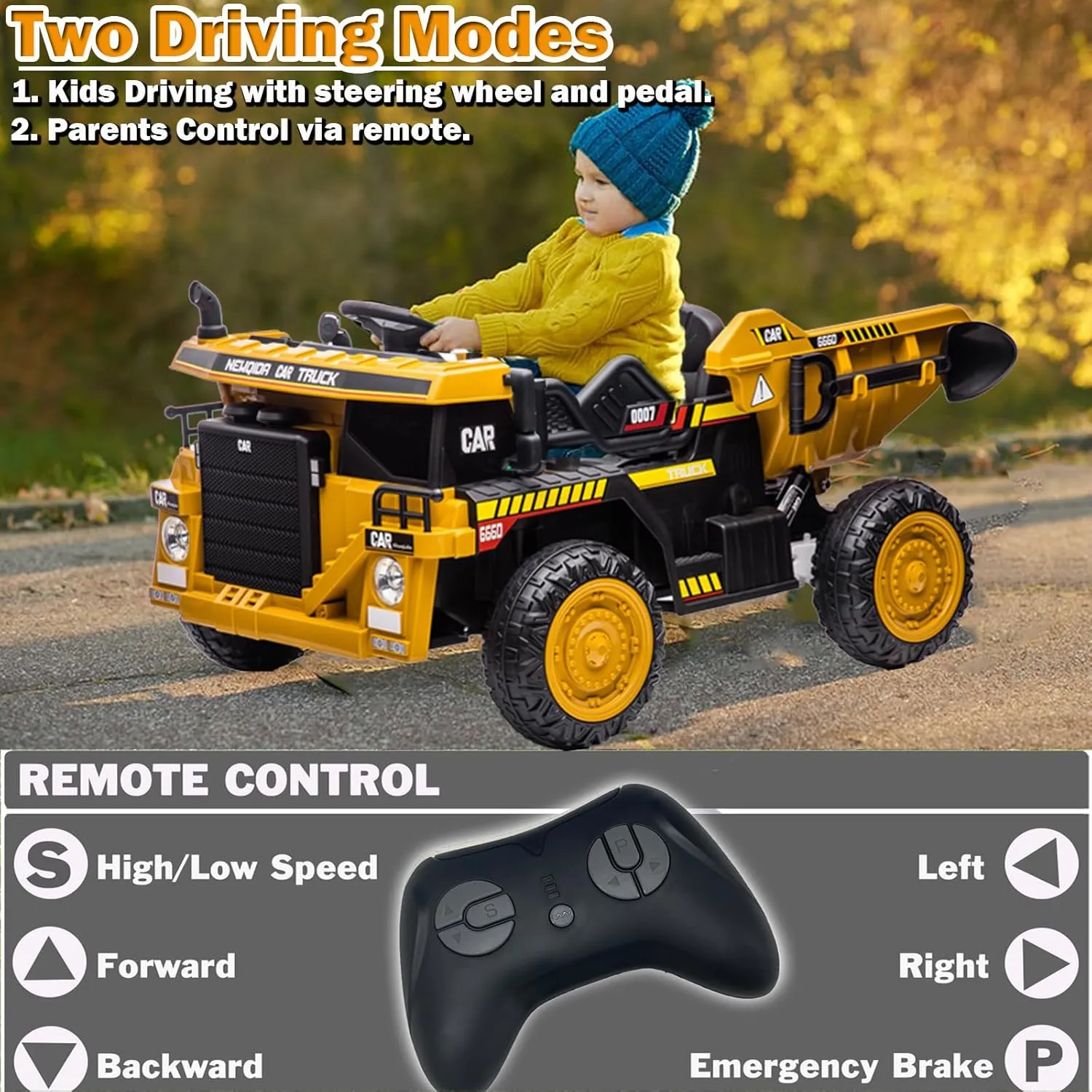 NEWQIDA Ride on Dump Truck 12V 12V Kids Electric Car with Remote Control,Ride on Toys with Electric Dump Bed and Extra Shovel, Ride on Construction Vehicle with Music Player, Key Start,Yellow