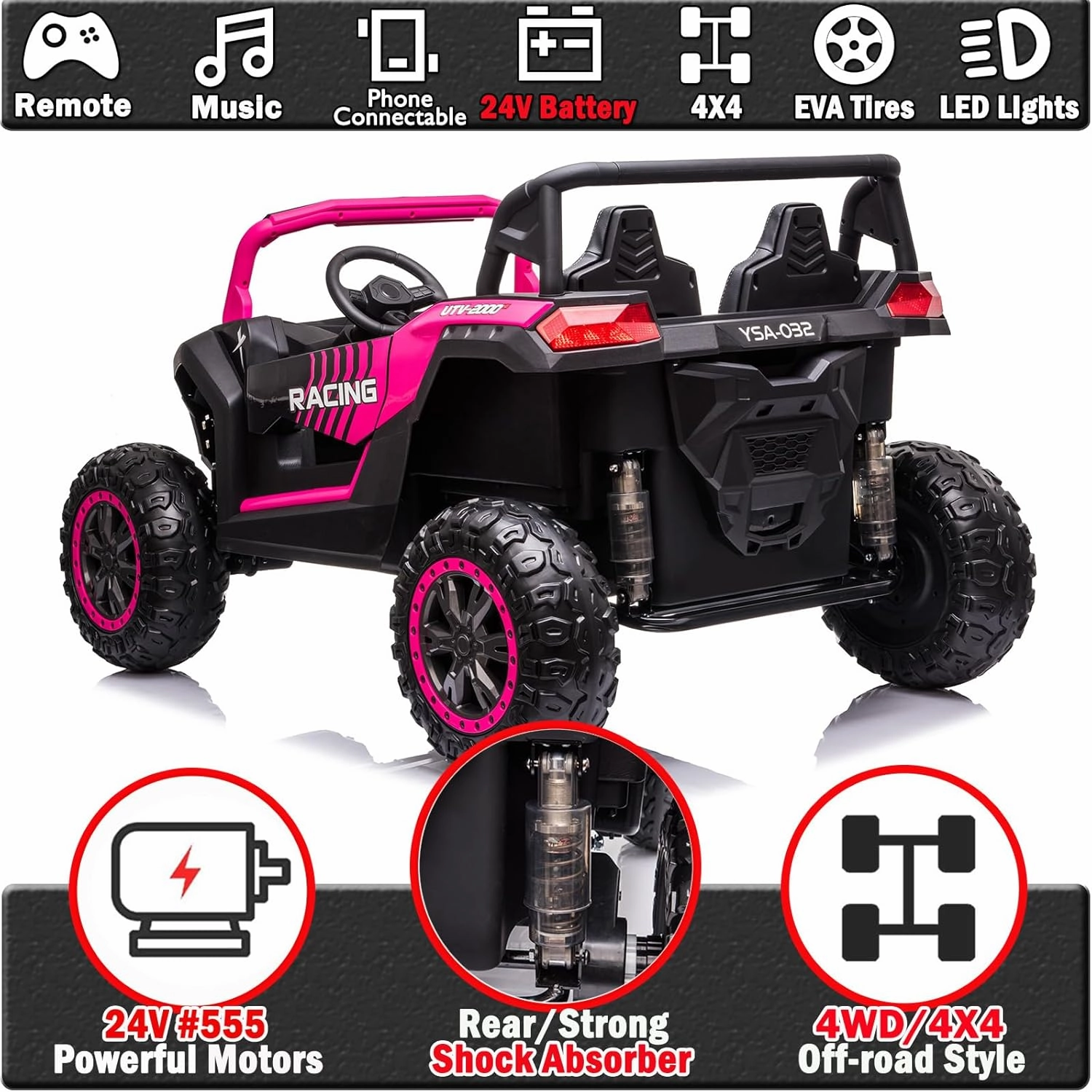 NEWQIDA XXXL 24V Ride On Toys Car for Big Kids 4WD Buggy UTV with EVA Tires Electric Car for Kids with Remote Control 4 Powered Wheeler-555 Motors, Max 220lbs, Up to 5.6 MPH, Shock Suspensions, Pink