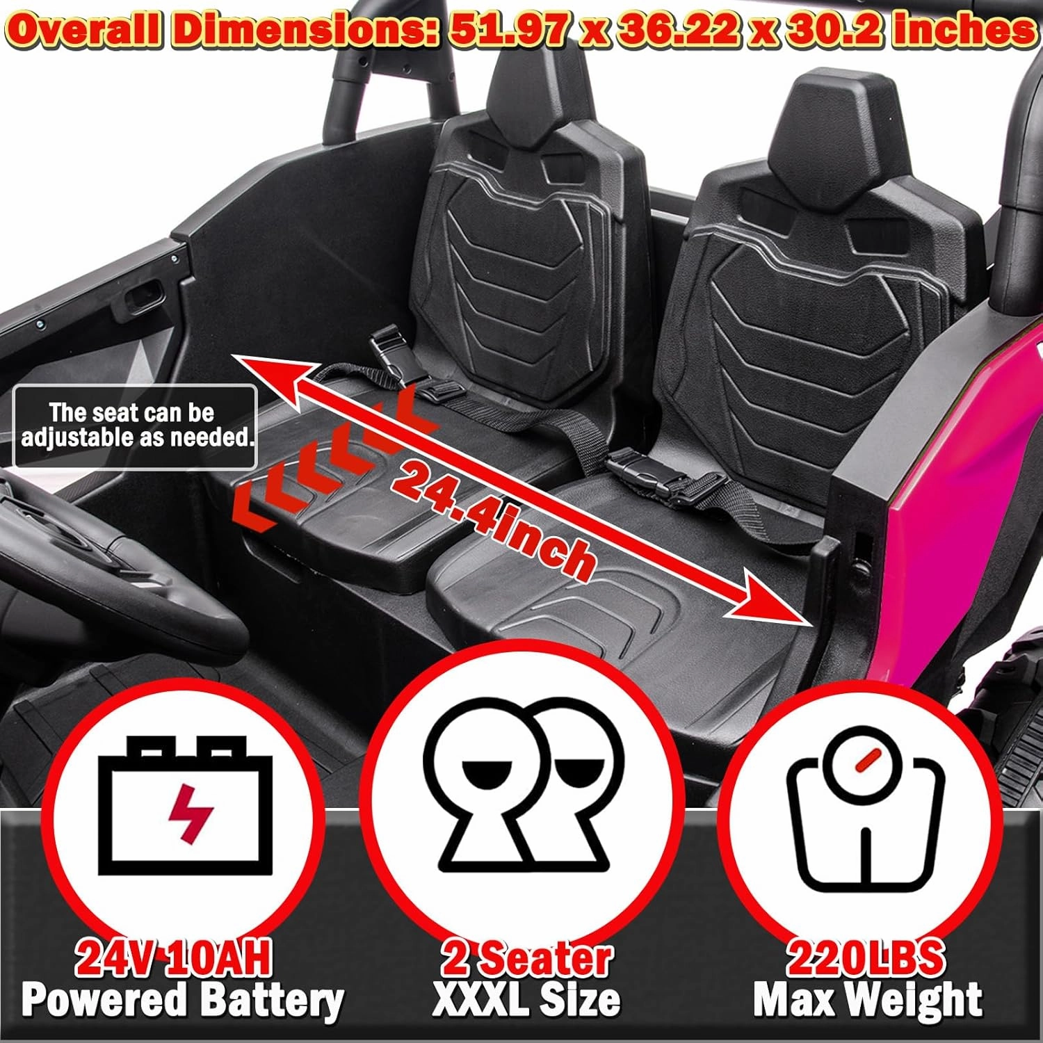 NEWQIDA XXXL 24V Ride On Toys Car for Big Kids 4WD Buggy UTV with EVA Tires Electric Car for Kids with Remote Control 4 Powered Wheeler-555 Motors, Max 220lbs, Up to 5.6 MPH, Shock Suspensions, Pink