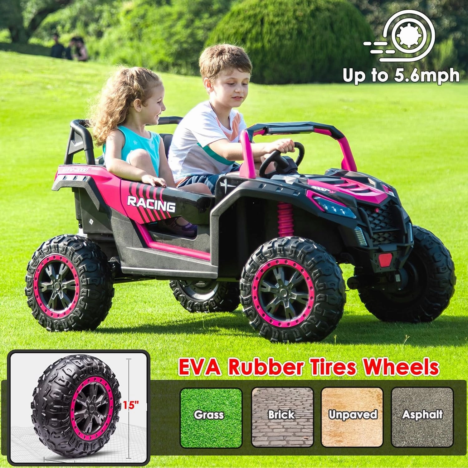 NEWQIDA XXXL 24V Ride On Toys Car for Big Kids 4WD Buggy UTV with EVA Tires Electric Car for Kids with Remote Control 4 Powered Wheeler-555 Motors, Max 220lbs, Up to 5.6 MPH, Shock Suspensions, Pink