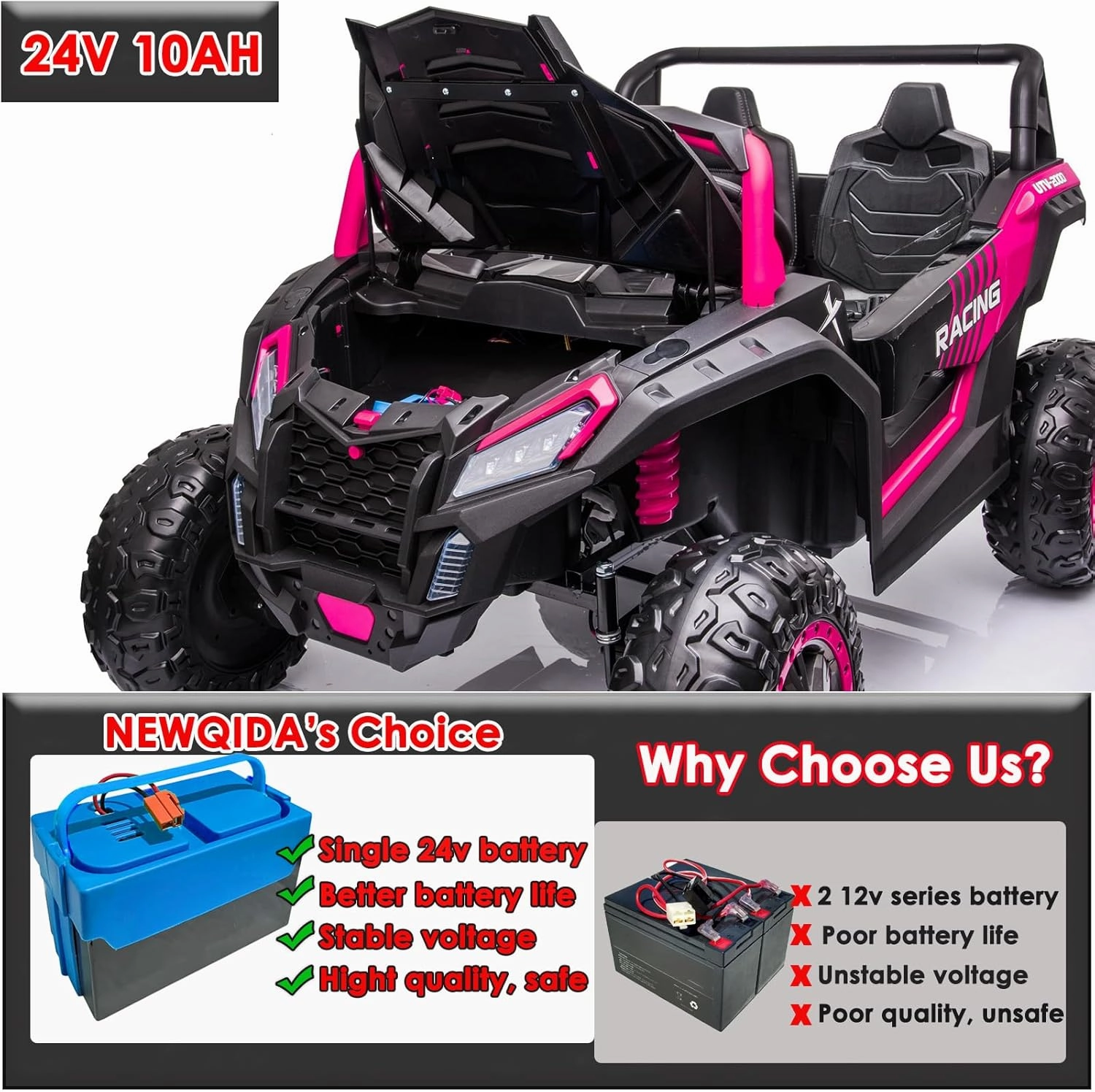 NEWQIDA XXXL 24V Ride On Toys Car for Big Kids 4WD Buggy UTV with EVA Tires Electric Car for Kids with Remote Control 4 Powered Wheeler-555 Motors, Max 220lbs, Up to 5.6 MPH, Shock Suspensions, Pink