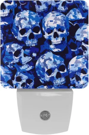 NEWzone Blue Camouflage Skulls Night Light Plug into Wall with Dusk to Dawn Light Sensors, Warm Nightlights for Bedroom, Bathroom, Hallway, Kitchen, Gifts Ideal for Girls Boys