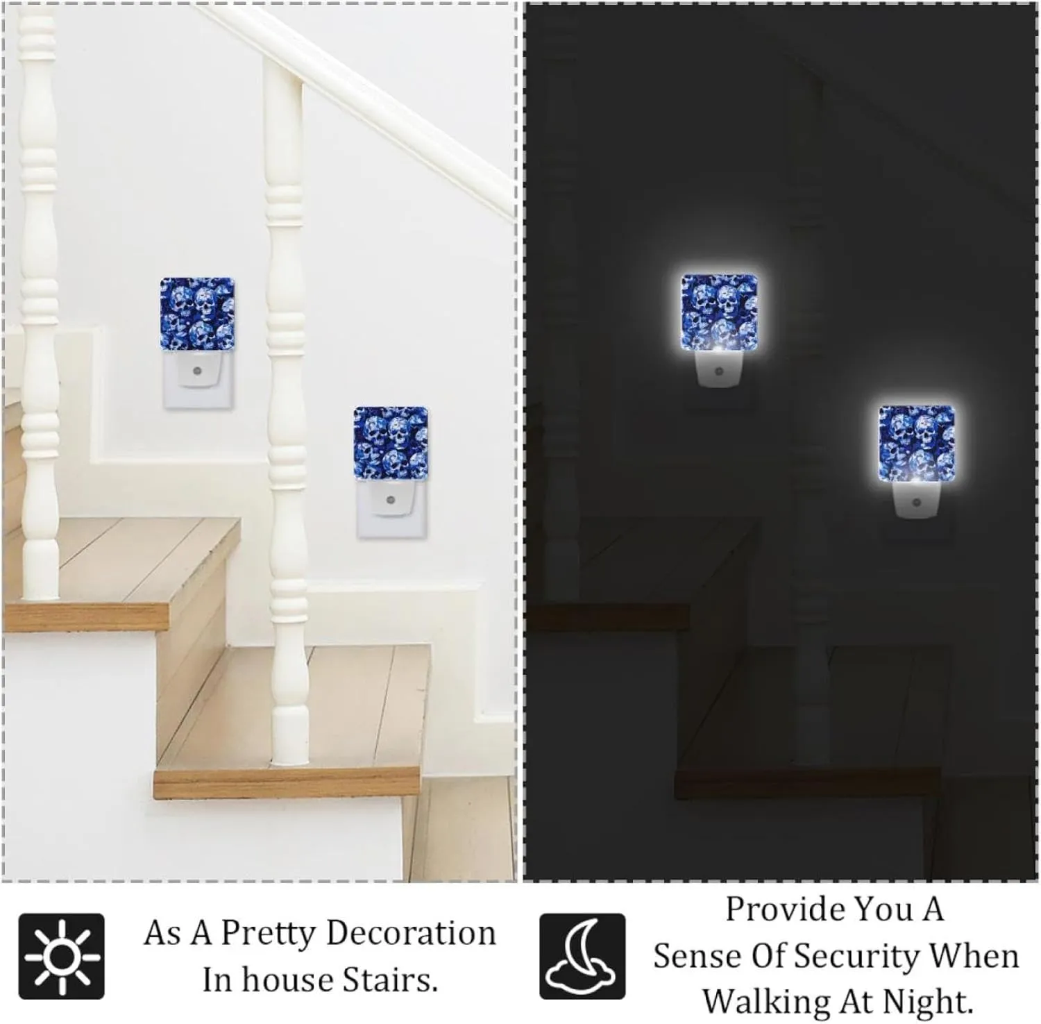 NEWzone Blue Camouflage Skulls Night Light Plug into Wall with Dusk to Dawn Light Sensors, Warm Nightlights for Bedroom, Bathroom, Hallway, Kitchen, Gifts Ideal for Girls Boys