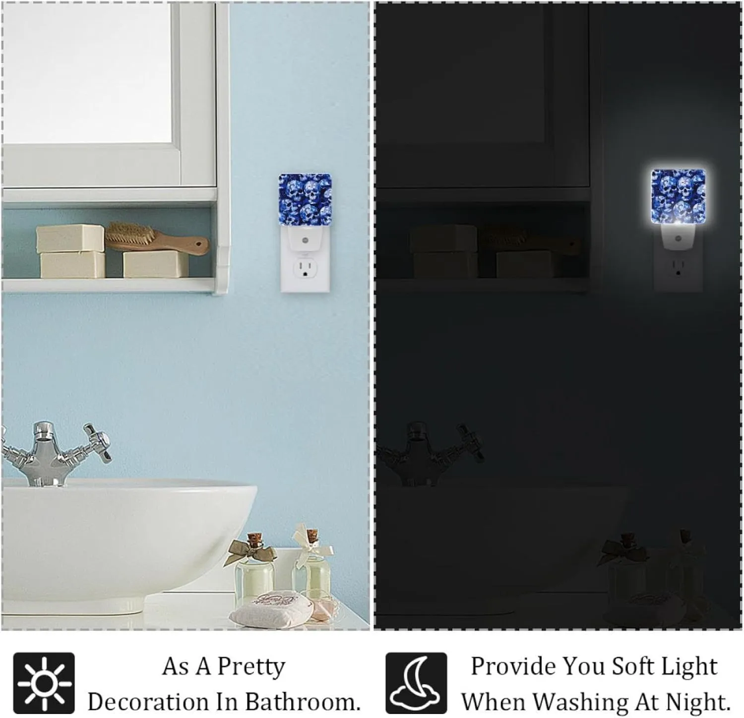 NEWzone Blue Camouflage Skulls Night Light Plug into Wall with Dusk to Dawn Light Sensors, Warm Nightlights for Bedroom, Bathroom, Hallway, Kitchen, Gifts Ideal for Girls Boys