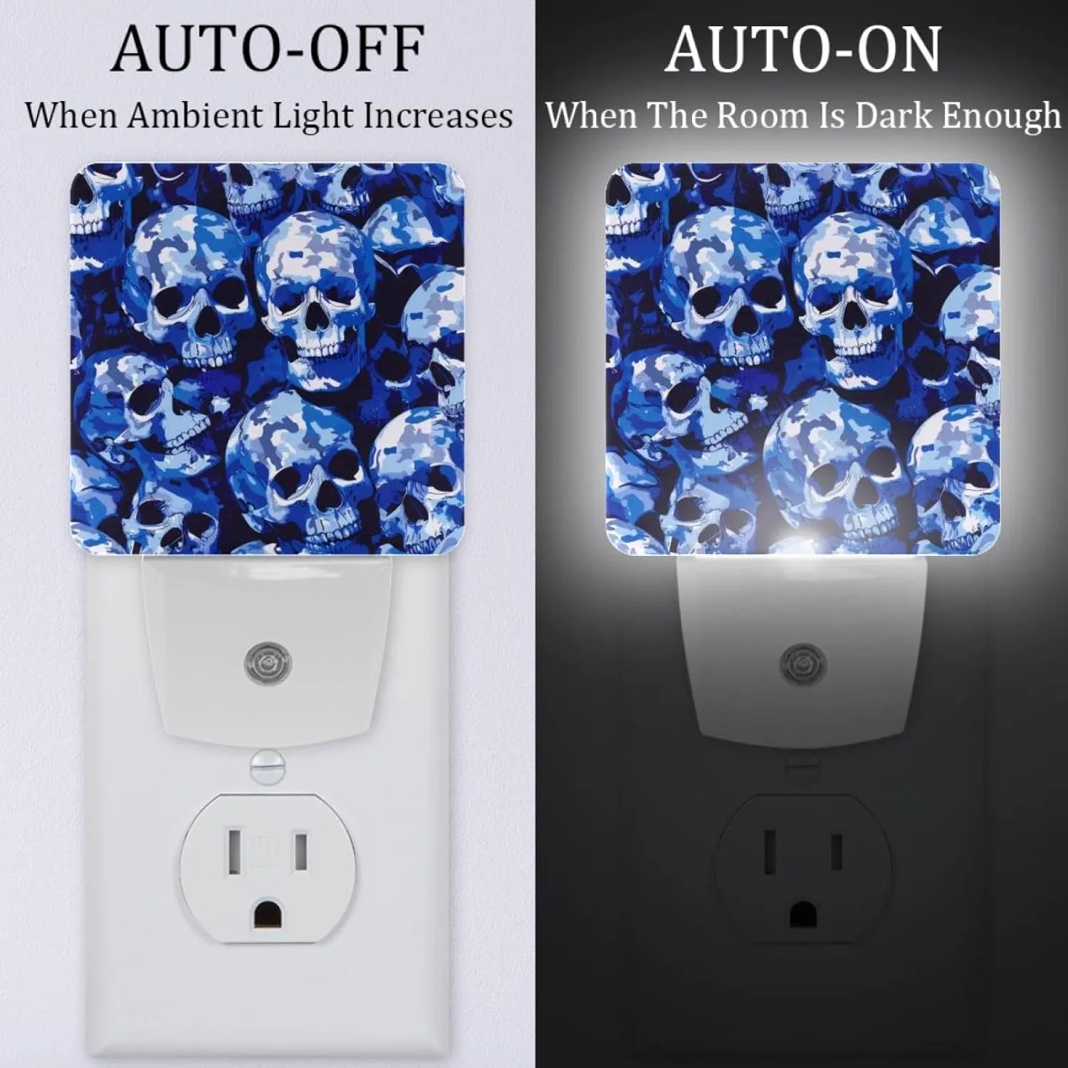 NEWzone Blue Camouflage Skulls Night Light Plug into Wall with Dusk to Dawn Light Sensors, Warm Nightlights for Bedroom, Bathroom, Hallway, Kitchen, Gifts Ideal for Girls Boys