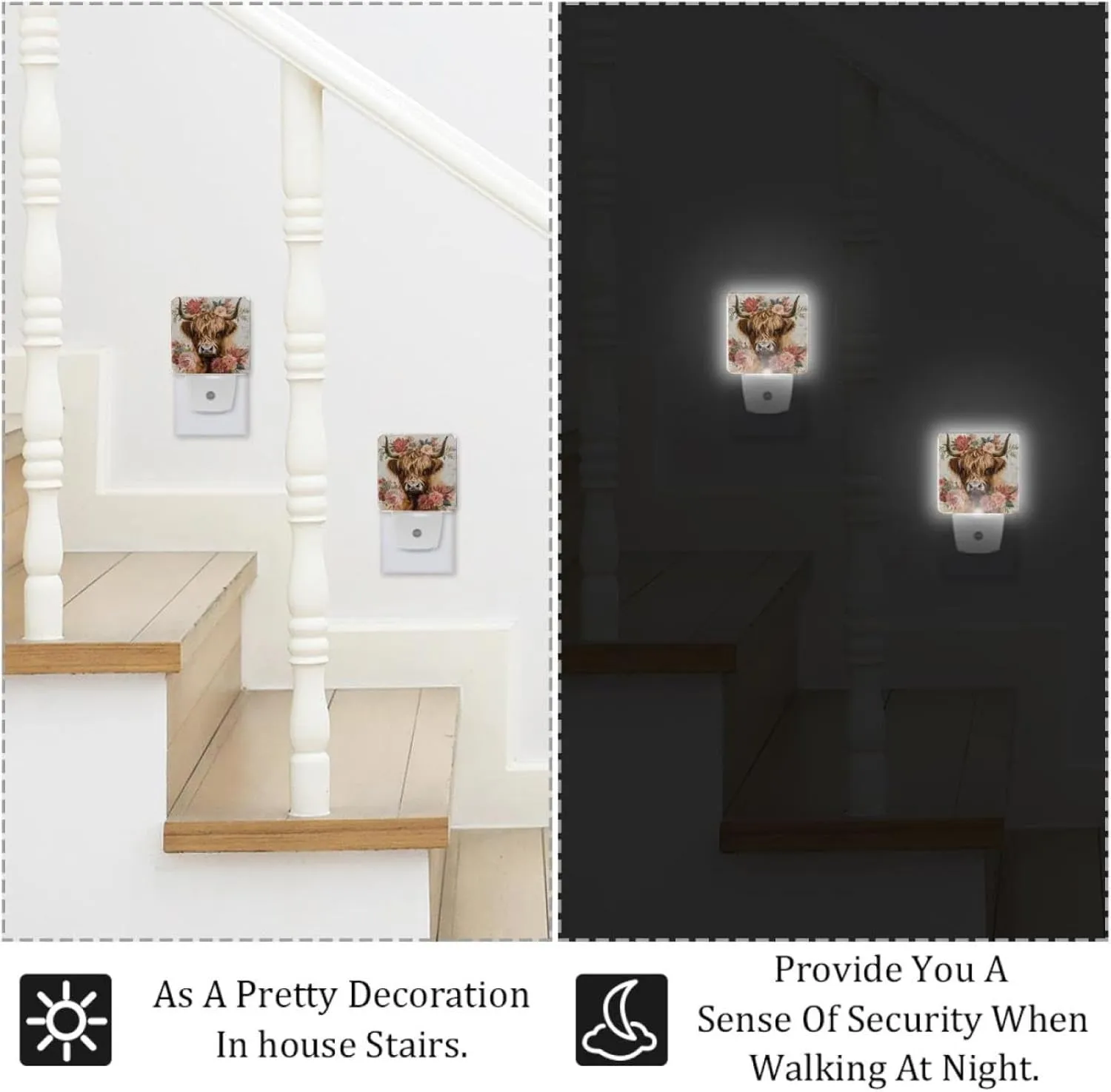 NEWzone Farm Highland Cow Florals Night Light Plug into Wall with Dusk to Dawn Light Sensors, Warm Nightlights for Bedroom, Bathroom, Hallway, Kitchen, Gifts Ideal for Girls Boys