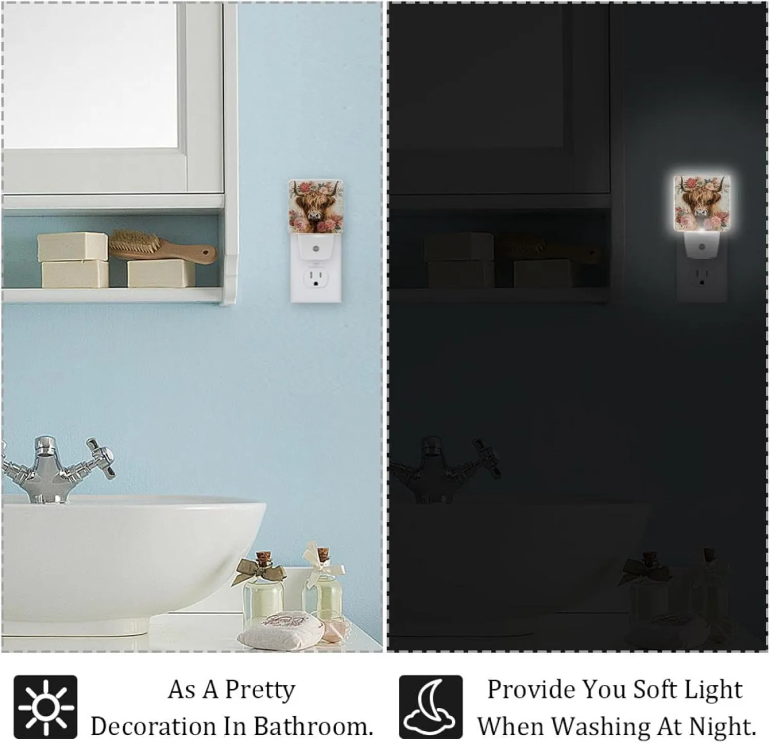 NEWzone Farm Highland Cow Florals Night Light Plug into Wall with Dusk to Dawn Light Sensors, Warm Nightlights for Bedroom, Bathroom, Hallway, Kitchen, Gifts Ideal for Girls Boys