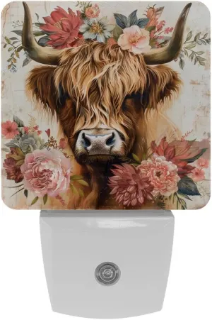 NEWzone Farm Highland Cow Florals Night Light Plug into Wall with Dusk to Dawn Light Sensors, Warm Nightlights for Bedroom, Bathroom, Hallway, Kitchen, Gifts Ideal for Girls Boys