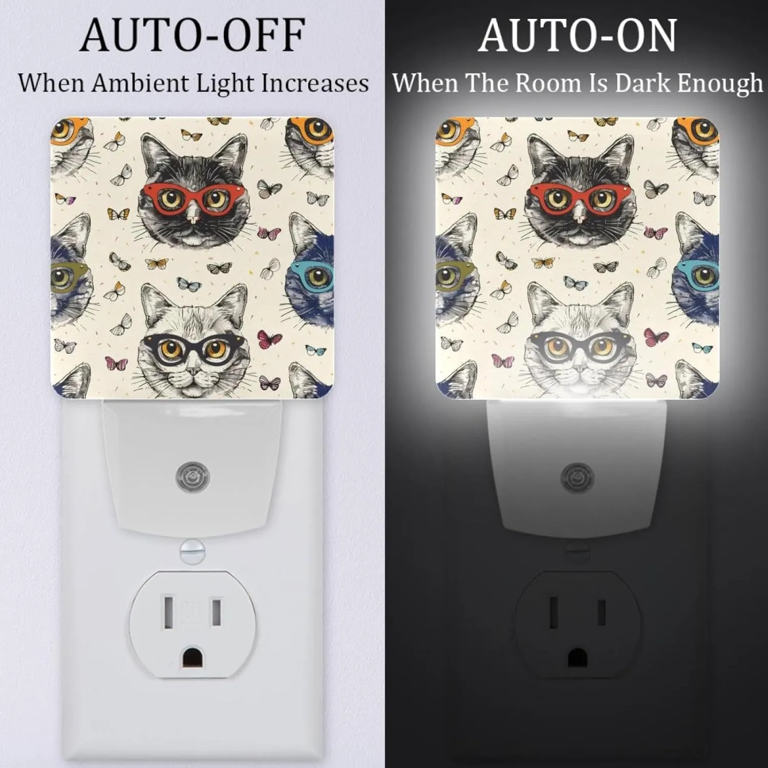 NEWzone Funny Cat Glasses Night Light Plug into Wall Decor 2 Pack, Decorative Night Light for Kids, Plug in Night Lights for Bedroom Living Room, Gift for Kids Adults