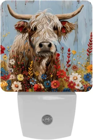 NEWzone Highland Cow Floral Farmhouse Night Light 0.5W, Plug in Night Lights for Boys Girls Led Night Light Dusk to Dawn Sensor Nightlight for Stairway/Hallway/Bedroom