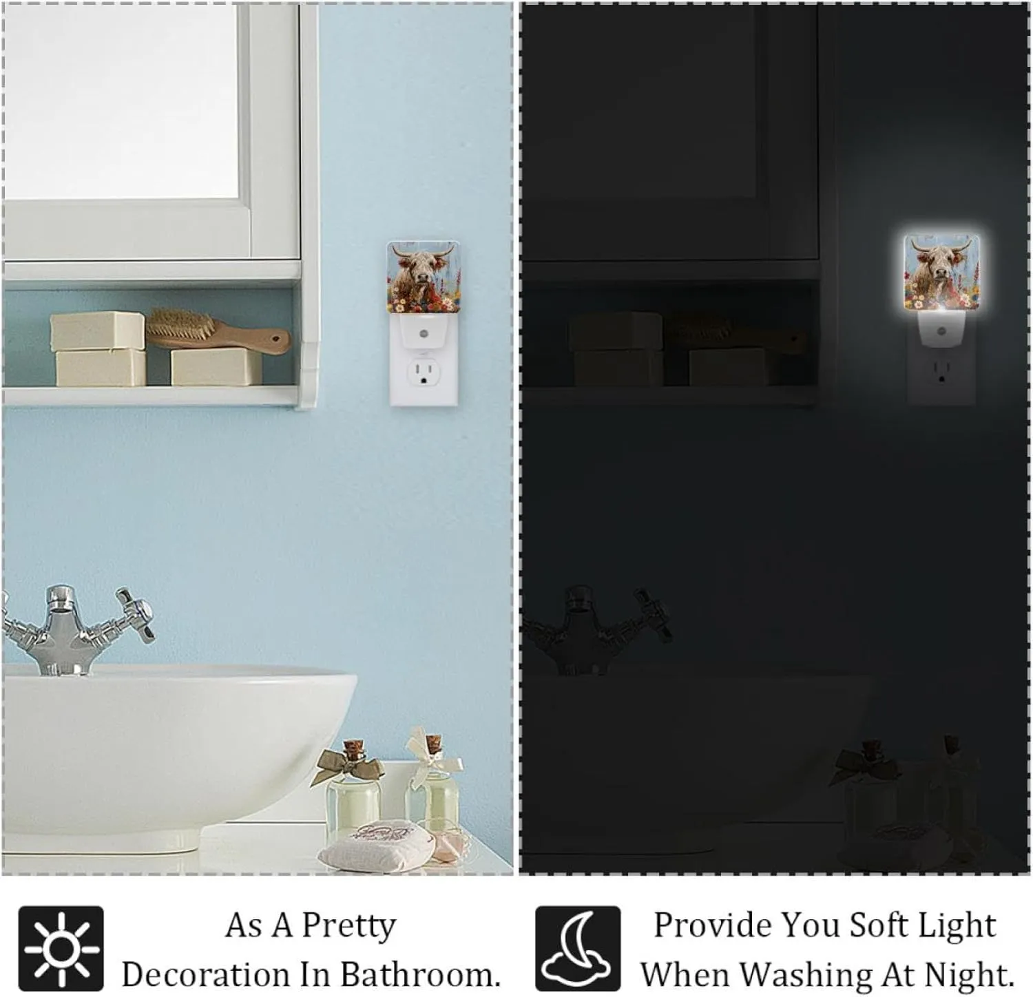 NEWzone Highland Cow Floral Farmhouse Night Light 0.5W, Plug in Night Lights for Boys Girls Led Night Light Dusk to Dawn Sensor Nightlight for Stairway/Hallway/Bedroom