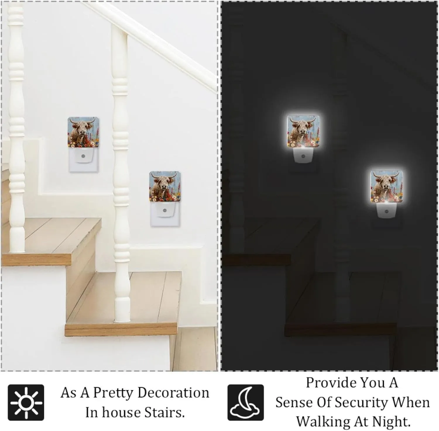 NEWzone Highland Cow Floral Farmhouse Night Light 0.5W, Plug in Night Lights for Boys Girls Led Night Light Dusk to Dawn Sensor Nightlight for Stairway/Hallway/Bedroom