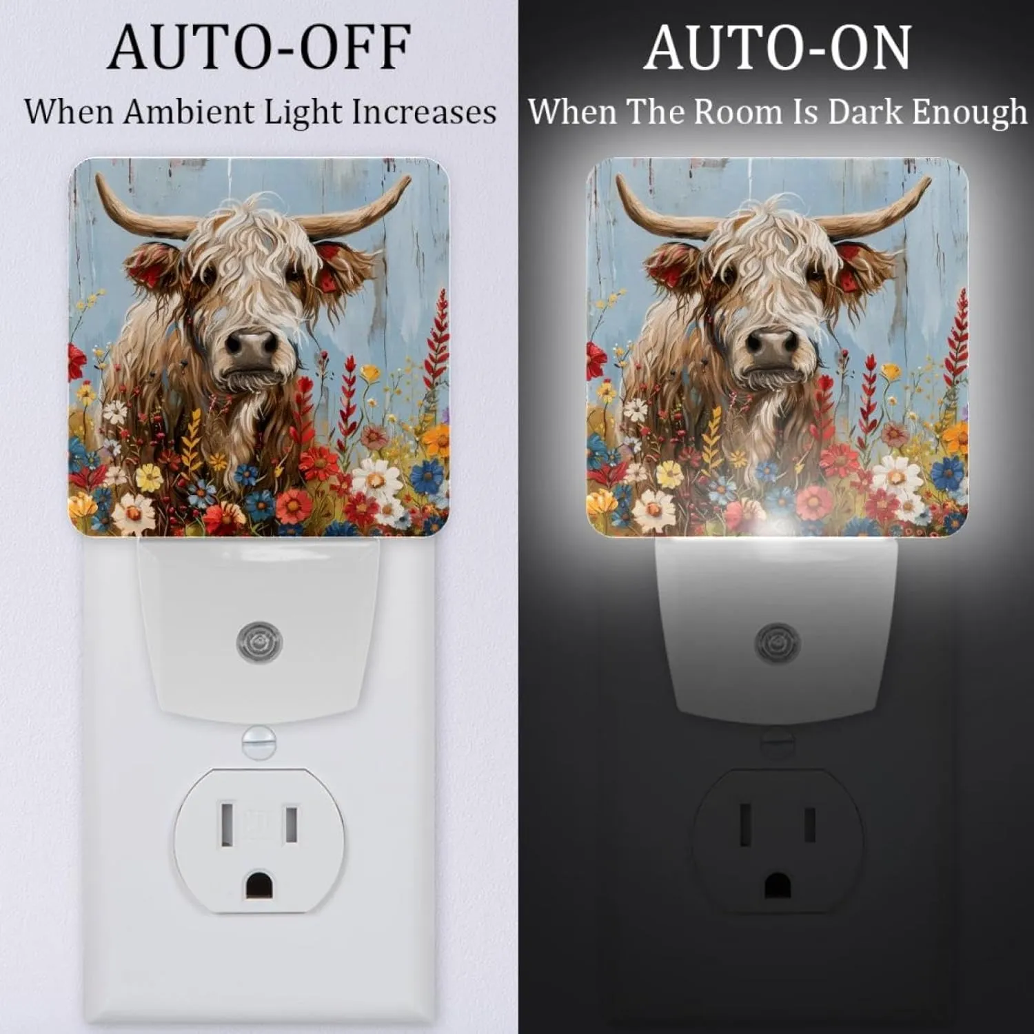 NEWzone Highland Cow Floral Farmhouse Night Light 0.5W, Plug in Night Lights for Boys Girls Led Night Light Dusk to Dawn Sensor Nightlight for Stairway/Hallway/Bedroom