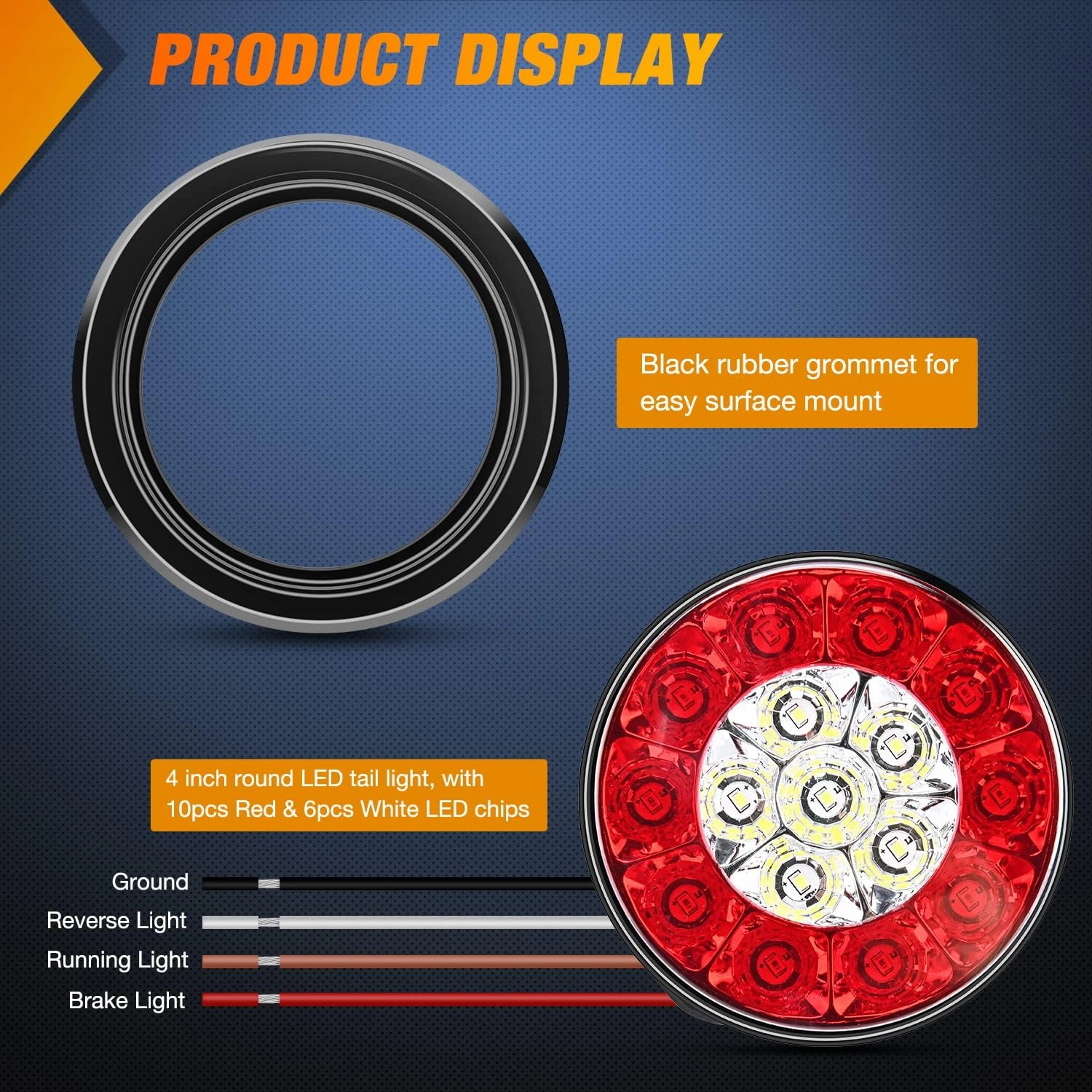 Nilight 2PCS 4 Inch Round Red White LED Trailer Tail Lights 16LEDs Flush Mount Grommets IP67 Waterproof Stop Brake Running Reverse Light for Trucks Trailers RV