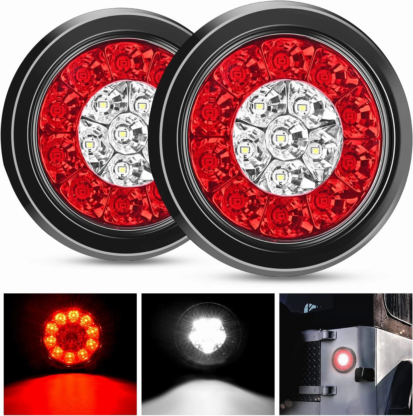 Nilight 2PCS 4 Inch Round Red White LED Trailer Tail Lights 16LEDs Flush Mount Grommets IP67 Waterproof Stop Brake Running Reverse Light for Trucks Trailers RV