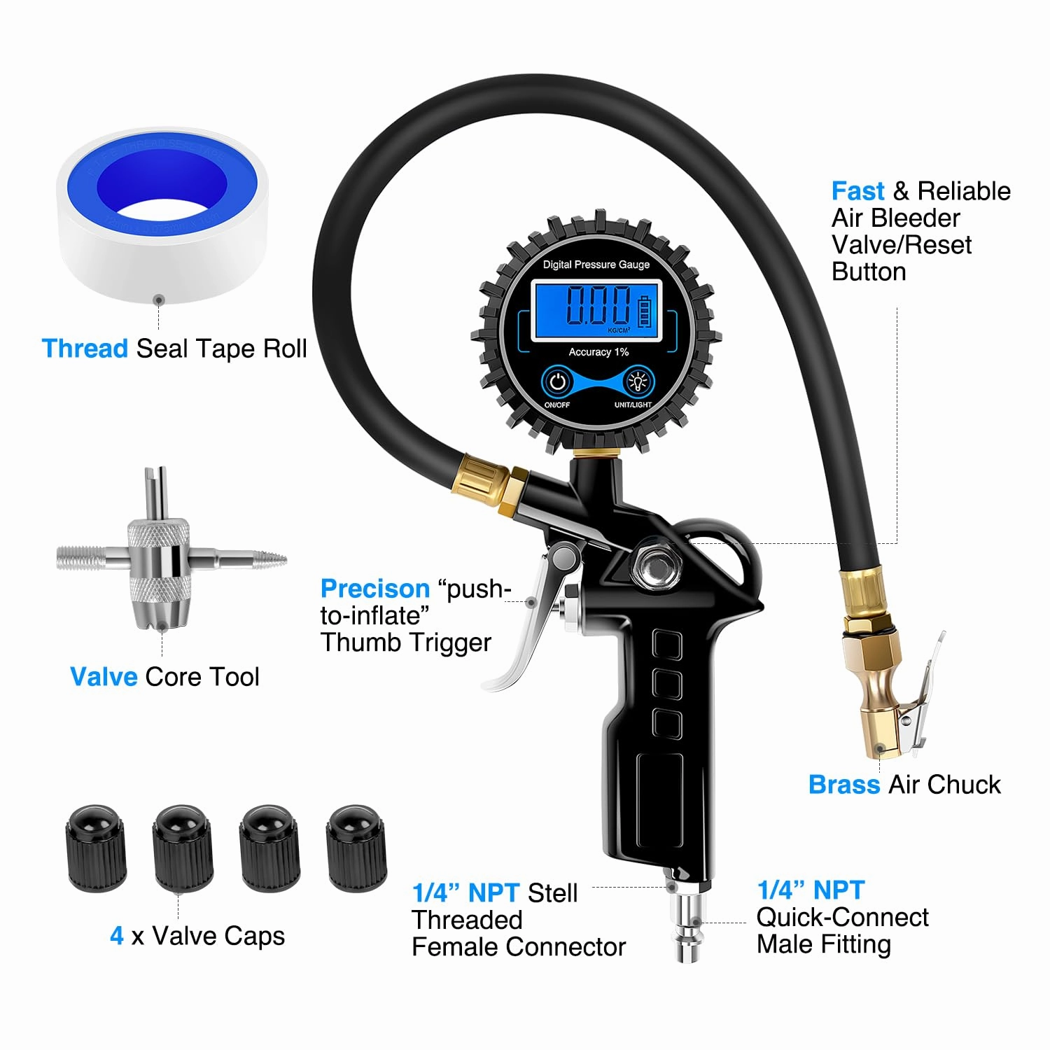 Nilight 50026R Digital Tire Inflator Pressure Gauge,250 PSI Air Chuck and Compressor Accessories Heavy Duty with Rubber Hose and Quick Connect Coupler for 0.1 Display Resolution