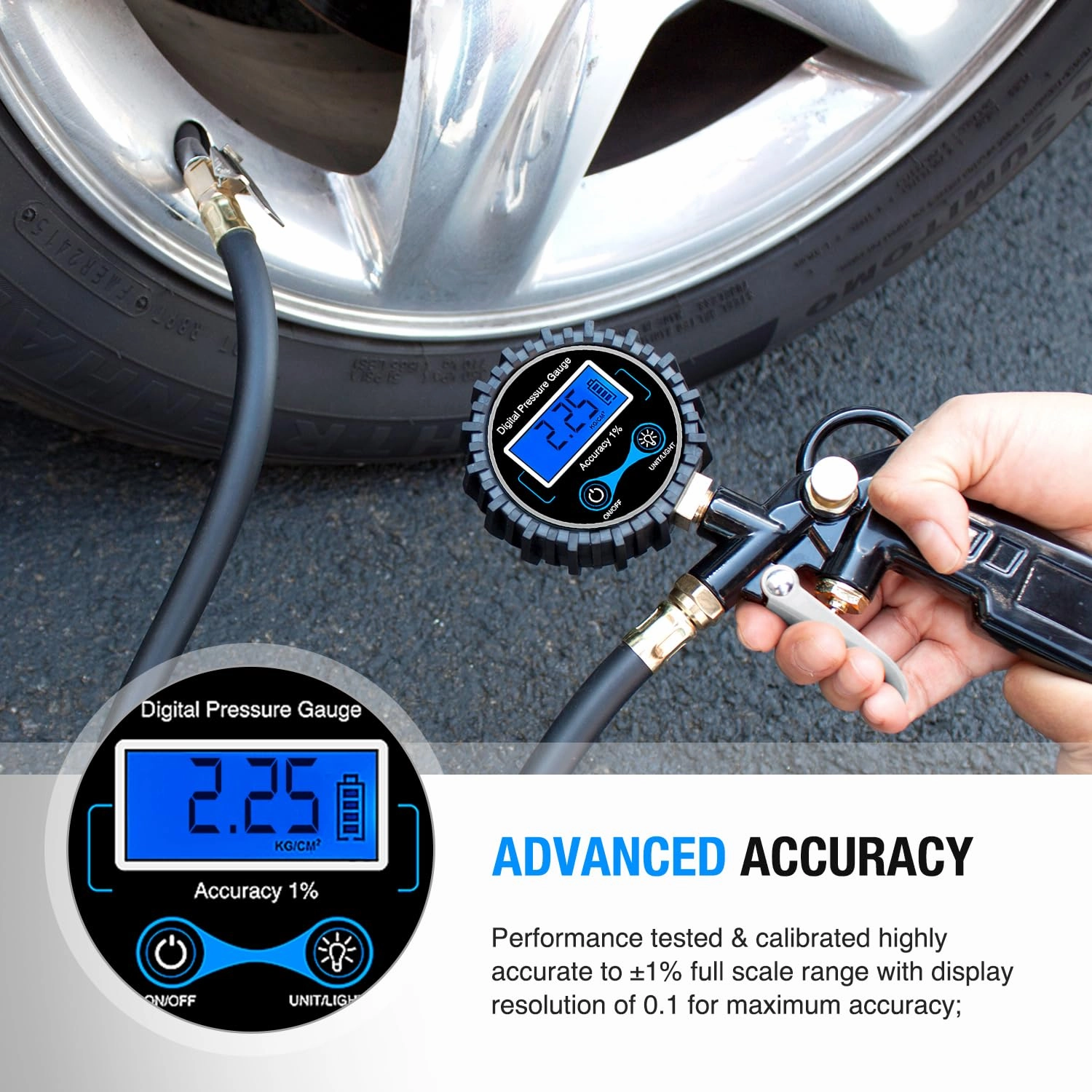 Nilight 50026R Digital Tire Inflator Pressure Gauge,250 PSI Air Chuck and Compressor Accessories Heavy Duty with Rubber Hose and Quick Connect Coupler for 0.1 Display Resolution