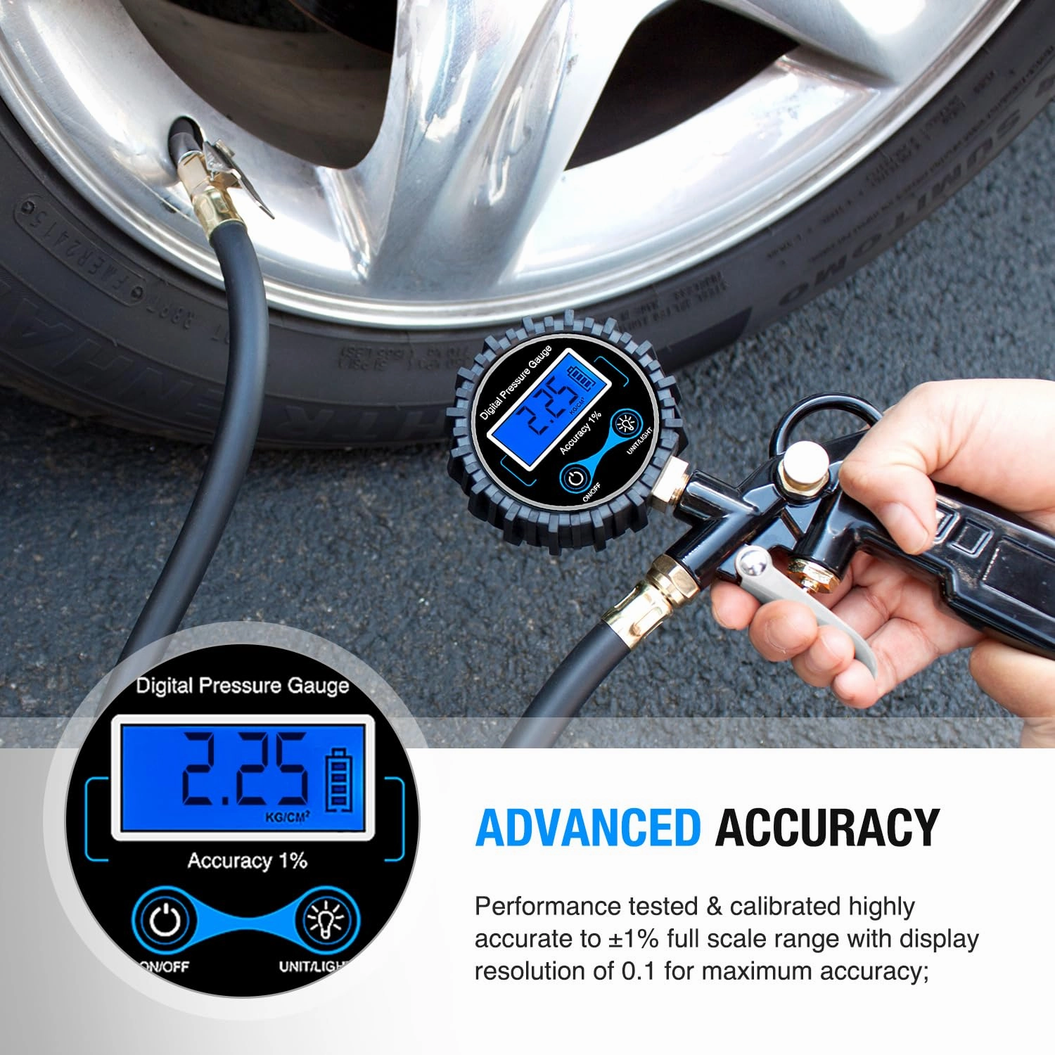 Nilight 50026R Digital Tire Inflator Pressure Gauge,250 PSI Air Chuck and Compressor Accessories Heavy Duty with Rubber Hose and Quick Connect Coupler for 0.1 Display Resolution