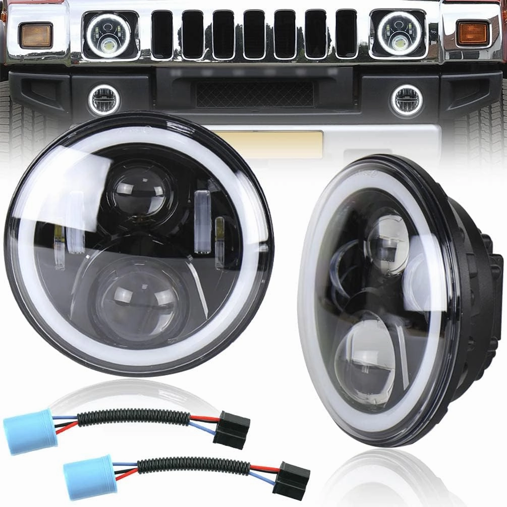 NJSBYL H2 LED DRL Lamps Assembly for Hummer H2 H1 2003 2004 2005 2006 2007 2008 2009 7" Driving Lights White Halo Ring Daytime Running Lamps Amber LED Turn Signal Lights CE/E4 OEM#15269178 15269179
