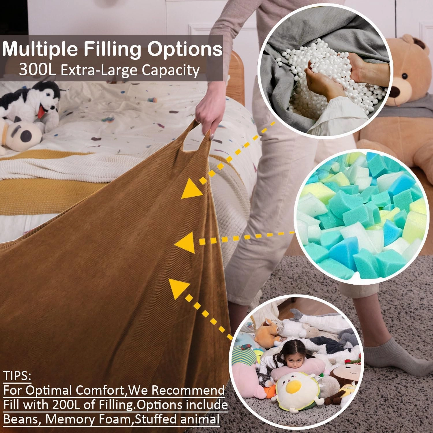 Nobildonna 3 ft Bean Bag Chair Cover (No Filler) 35"×43" Large Stuffed Animal Storage Bean Bag Washable Big Beanbag Chair Cover Premium Corduroy Bean Bag Cover for Adults,Kids,Coffee Brown 300L