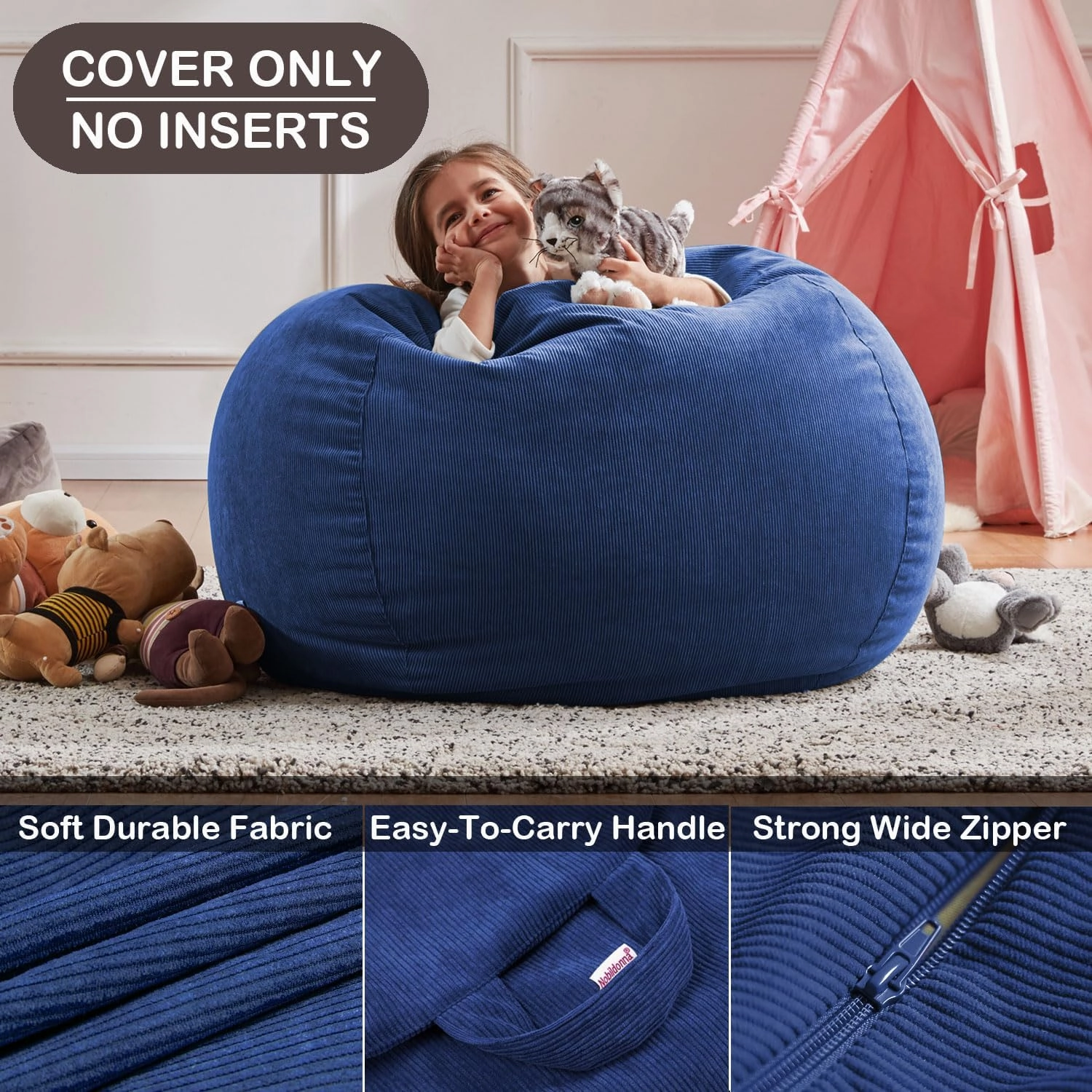 Nobildonna 3 ft Bean Bag Chair Cover (No Filler) 35"×43" Large Stuffed Animal Storage Bean Bag Washable Big Beanbag Chair Cover Premium Corduroy Stuffable Bean Bag Cover for Adults,Kids,Blue 300L