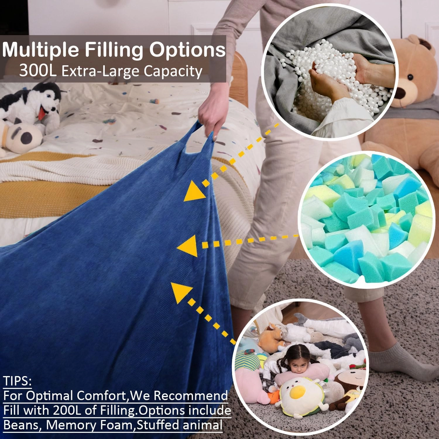 Nobildonna 3 ft Bean Bag Chair Cover (No Filler) 35"×43" Large Stuffed Animal Storage Bean Bag Washable Big Beanbag Chair Cover Premium Corduroy Stuffable Bean Bag Cover for Adults,Kids,Blue 300L