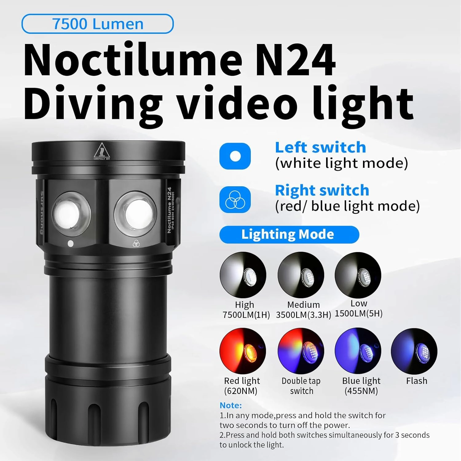 Noctilume N24 7500 Lumens Dive Light - Professional Underwater Video Light with 90 CRI, 6500K White Light, for Scuba Diving/Underwater Photography/Videography (IP68 Waterproof, 80m Depth)