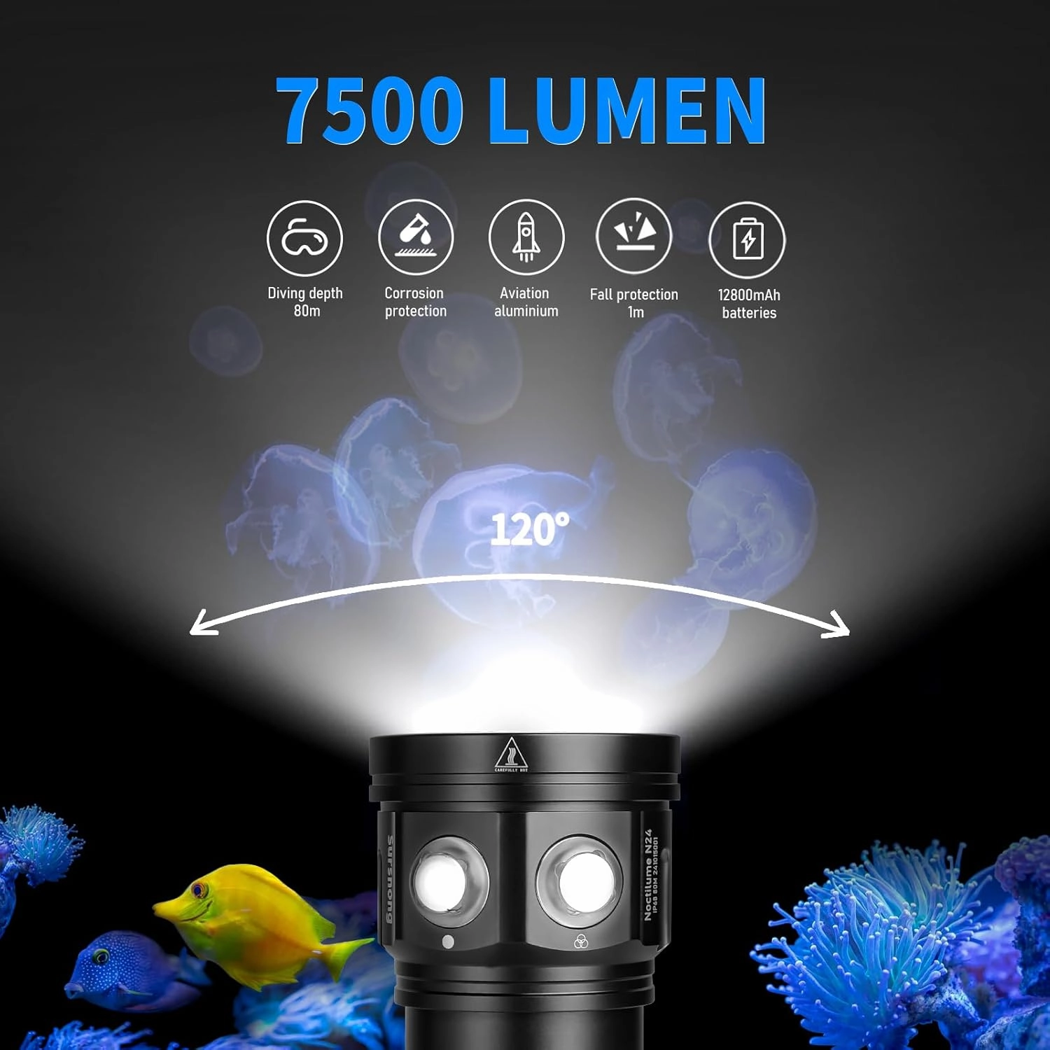 Noctilume N24 7500 Lumens Dive Light - Professional Underwater Video Light with 90 CRI, 6500K White Light, for Scuba Diving/Underwater Photography/Videography (IP68 Waterproof, 80m Depth)