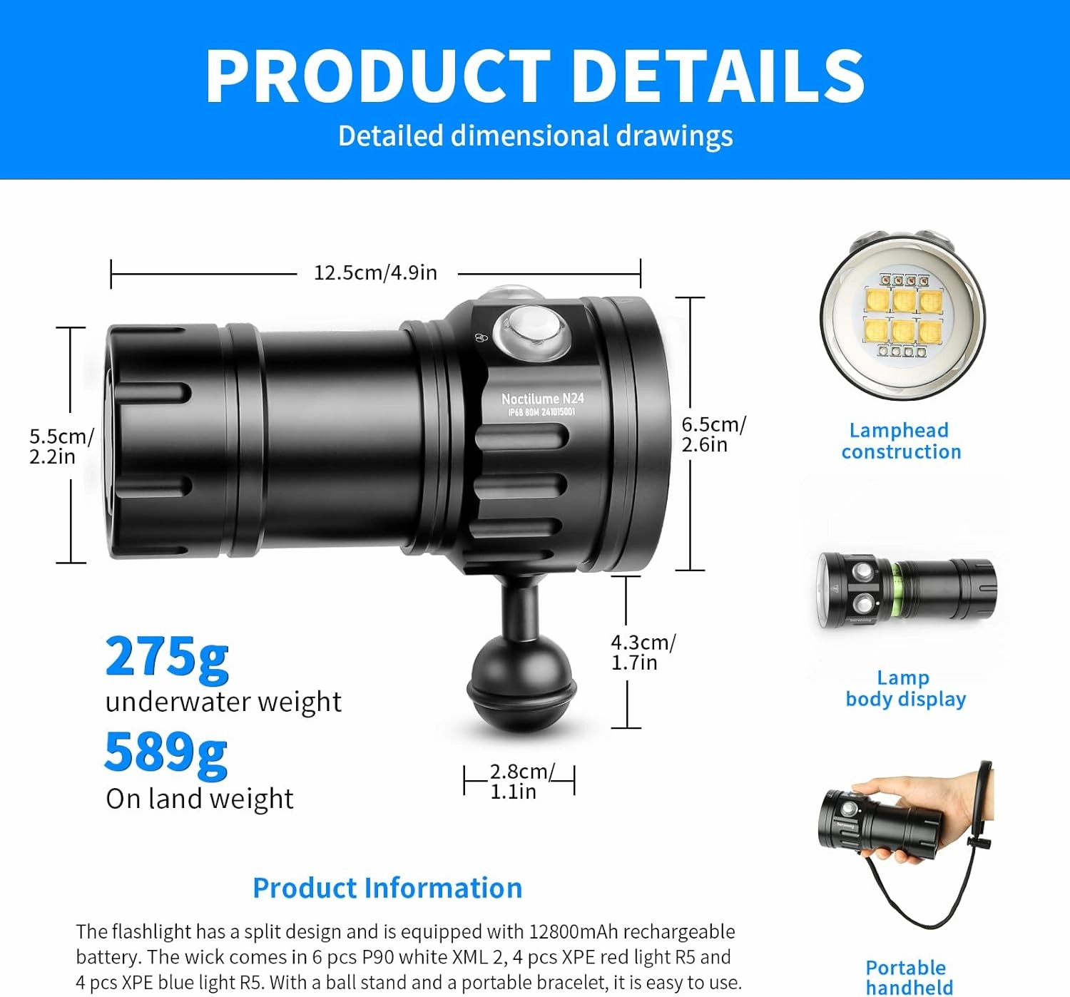 Noctilume N24 7500 Lumens Dive Light - Professional Underwater Video Light with 90 CRI, 6500K White Light, for Scuba Diving/Underwater Photography/Videography (IP68 Waterproof, 80m Depth)