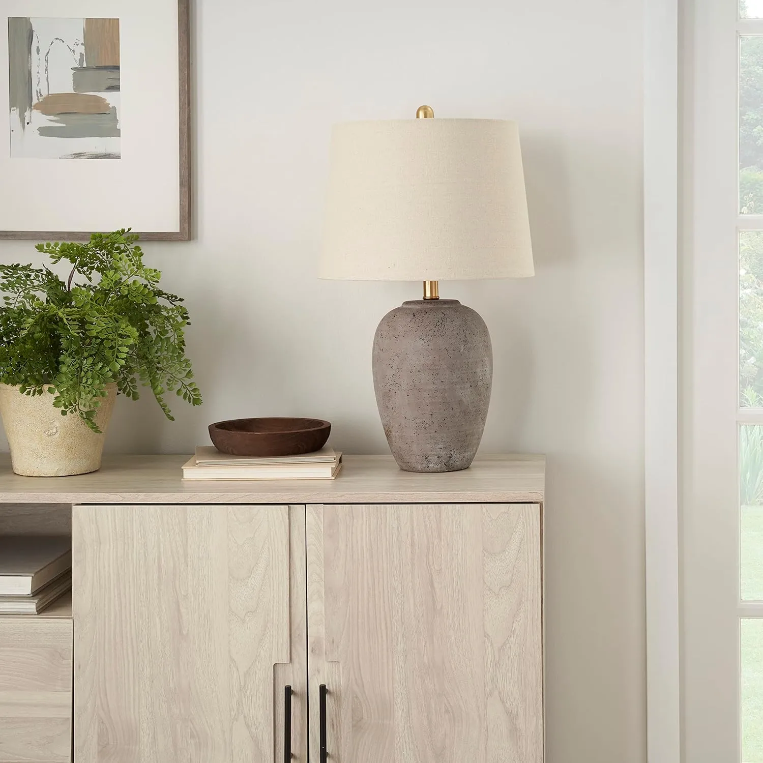 Nourison 23" Rustic Brown (Gray Undertones) Ceramic Pot Table Lamp for Bedroom, Living Room, Dining Office, Beige Shade