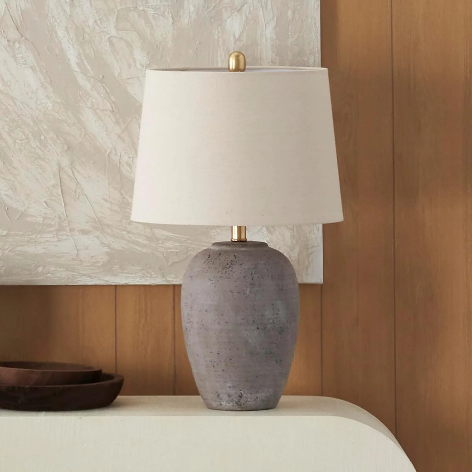 Nourison 23" Rustic Brown (Gray Undertones) Ceramic Pot Table Lamp for Bedroom, Living Room, Dining Office, Beige Shade