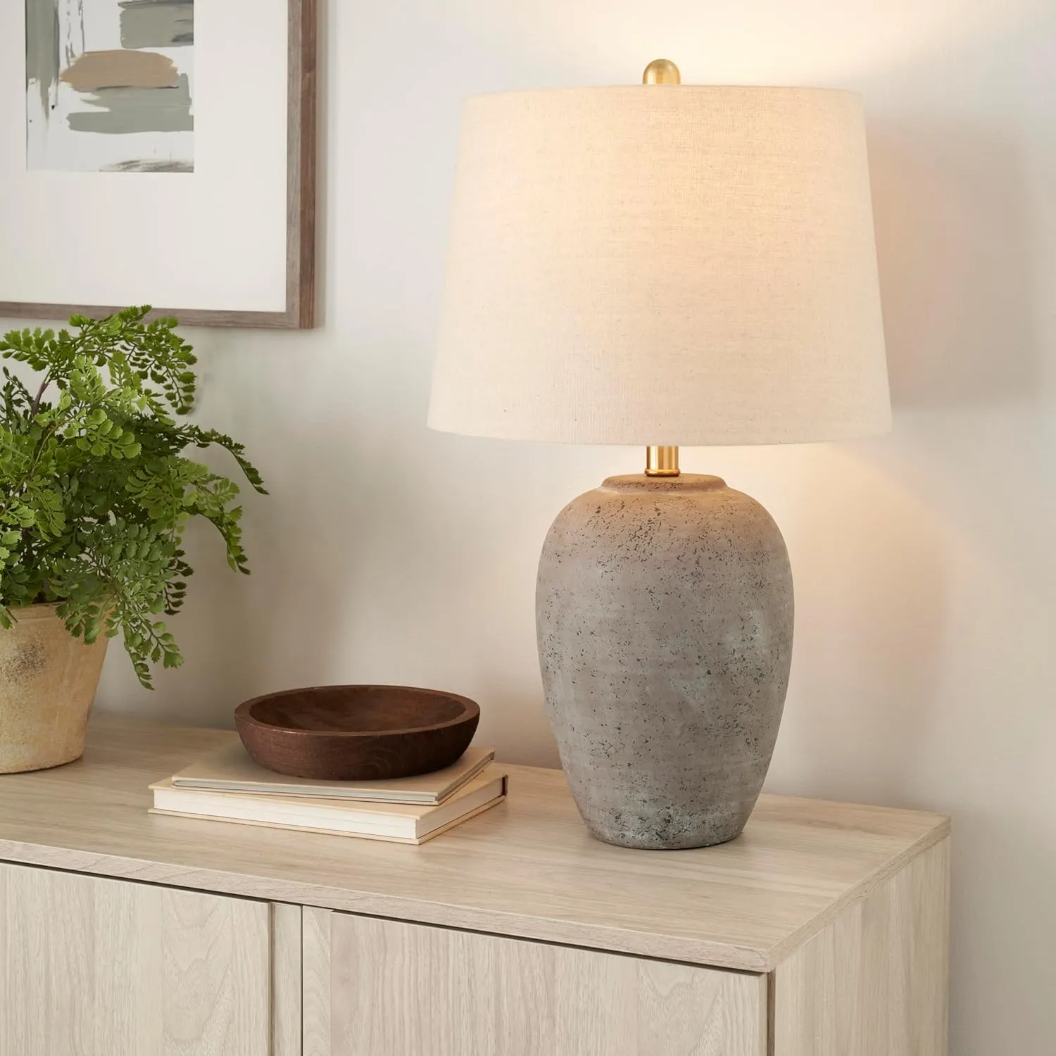 Nourison 23" Rustic Brown (Gray Undertones) Ceramic Pot Table Lamp for Bedroom, Living Room, Dining Office, Beige Shade