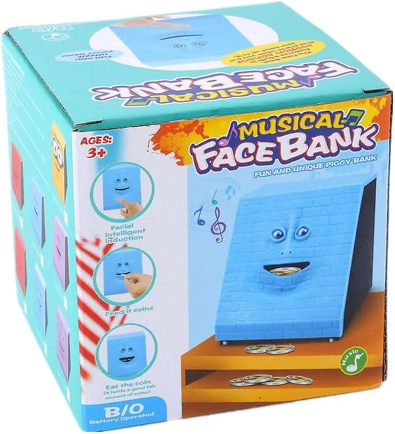 Novelty Coin Money Eating Musical Face Bank Automatic Money Saving Collection Piggy Bank for Kids Children (Blue Flat)