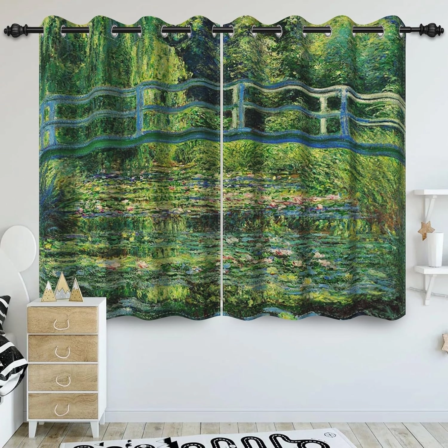 Oil Painting Blackout Curtain for Bedroom Living Room Drapes The Water Lily Pond by Claude Monet Lotus Floral Leaves Bridge Window Curtains 42x63 inches 2 Panels Set
