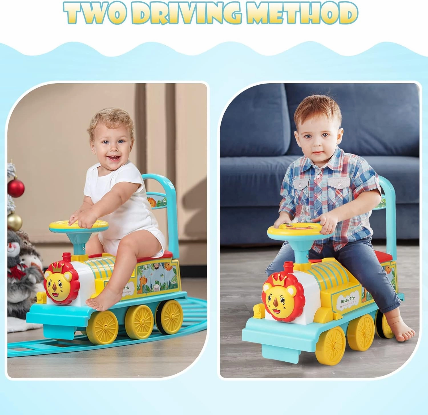 OLAKIDS Kids Ride On Train with Track, 6V Electric Toy with Lights and Sounds, Retractable Footrest, Under Seat Storage, Christmas Theme Battery Powered Gift for Toddlers Boys Girls (Lion)