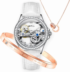 OLEVS Womens Watch Automatic Mechanical Diamond Skeleton Silver Luxury Dress Waterproof Luminous Watches for Women Gift Box Set