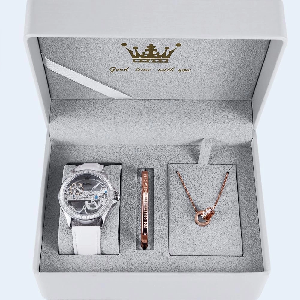 OLEVS Womens Watch Automatic Mechanical Diamond Skeleton Silver Luxury Dress Waterproof Luminous Watches for Women Gift Box Set