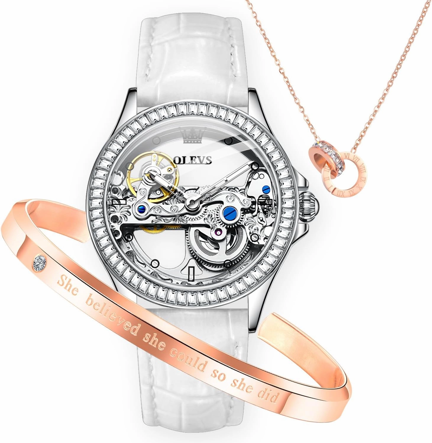 OLEVS Womens Watch Automatic Mechanical Diamond Skeleton Silver Luxury Dress Waterproof Luminous Watches for Women Gift Box Set
