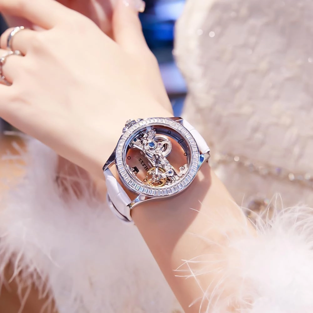OLEVS Womens Watch Automatic Mechanical Diamond Skeleton Silver Luxury Dress Waterproof Luminous Watches for Women Gift Box Set