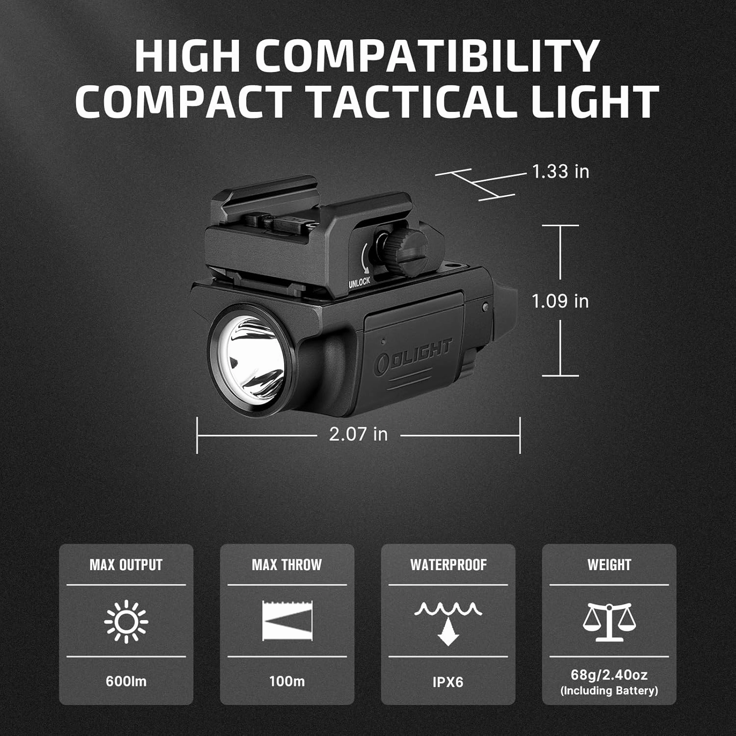 OLIGHT PL-Mini 3 Valkyrie 600 Lumens Compact Tactical Picatinny/GL/Hellcat Rail-Mounted Weaponlight with Two Included Rechargeable and Removable Battery, Pistol Light with Strobe Mode (Black)