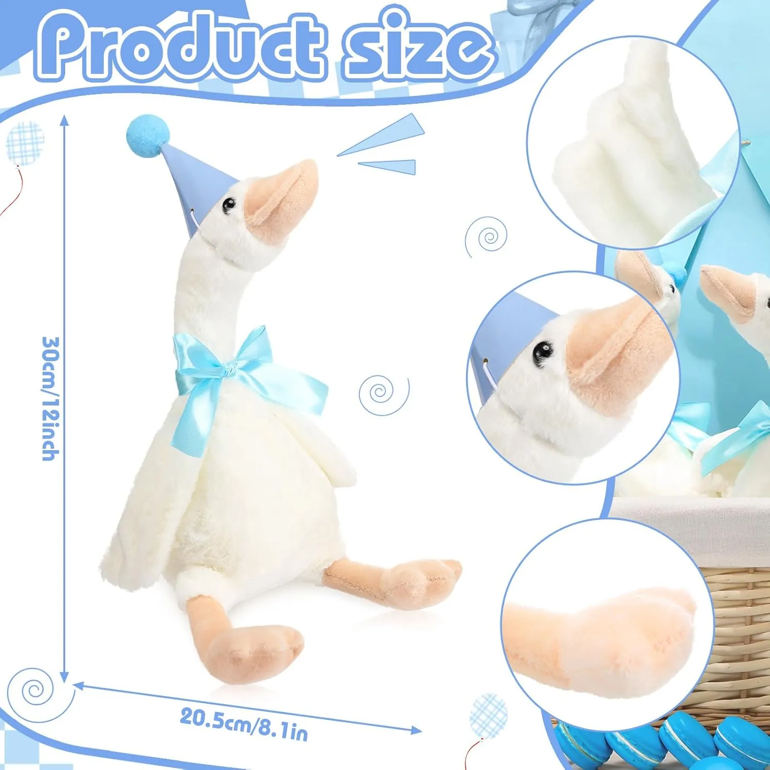 One Silly Goose 1st Birthday Decoration 8 Sets 15.7 Inch Soft Goose Stuffed Animal Birthday Hat with Wood Table Decor(Sky Blue,Classic)