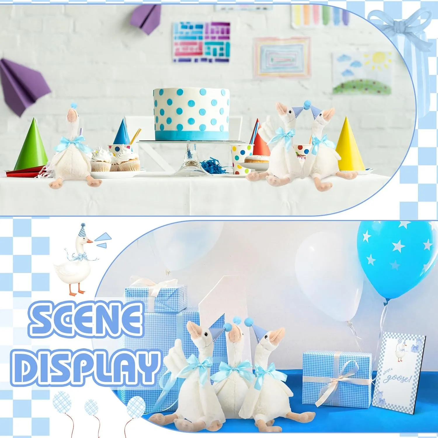 One Silly Goose 1st Birthday Decoration 8 Sets 15.7 Inch Soft Goose Stuffed Animal Birthday Hat with Wood Table Decor(Sky Blue,Classic)