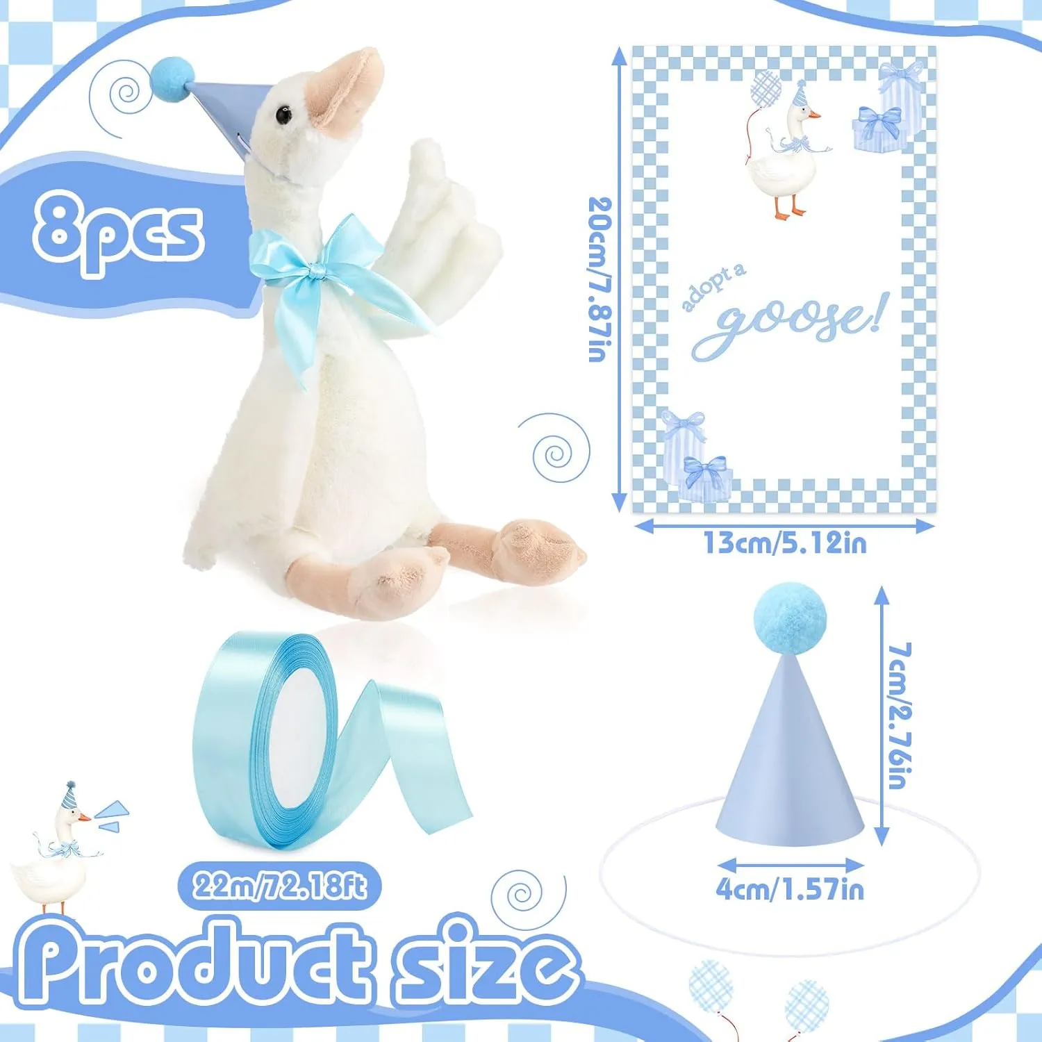 One Silly Goose 1st Birthday Decoration 8 Sets 15.7 Inch Soft Goose Stuffed Animal Birthday Hat with Wood Table Decor(Sky Blue,Classic)