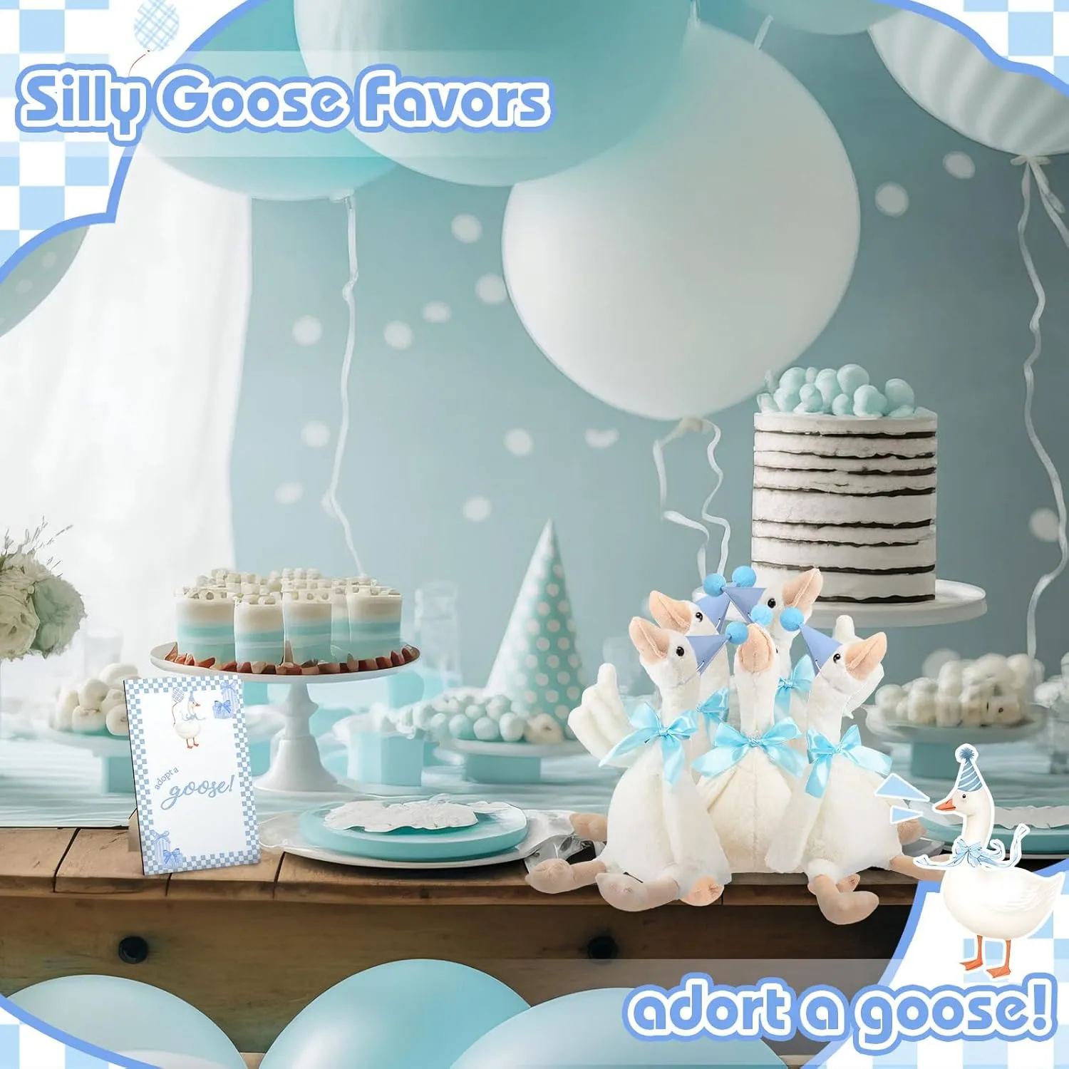 One Silly Goose 1st Birthday Decoration 8 Sets 15.7 Inch Soft Goose Stuffed Animal Birthday Hat with Wood Table Decor(Sky Blue,Classic)