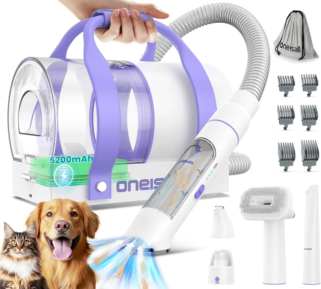 oneisall Cordless Dog Grooming Vacuum,5200 mAh Dog Grooming Kit with Clippers,Nail Grinder,Trimmer,2L Dustbin for Shedding with Grooming Tools-Quiet Suitable for All Breeds,Cleaning at Home Comfy C1
