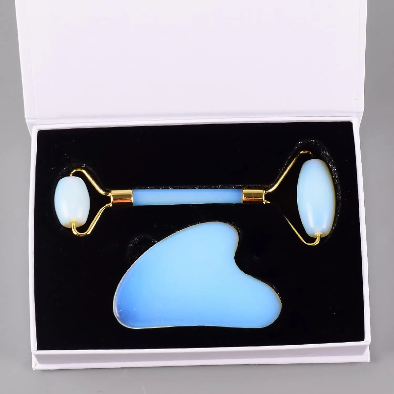 Opal Jade Face Mask Natural Stone Jade Roller Guasha Board Set Facial Massager Gouache Scraper Jade Eye Mask Massager Roller Set,Gua Sha No Box