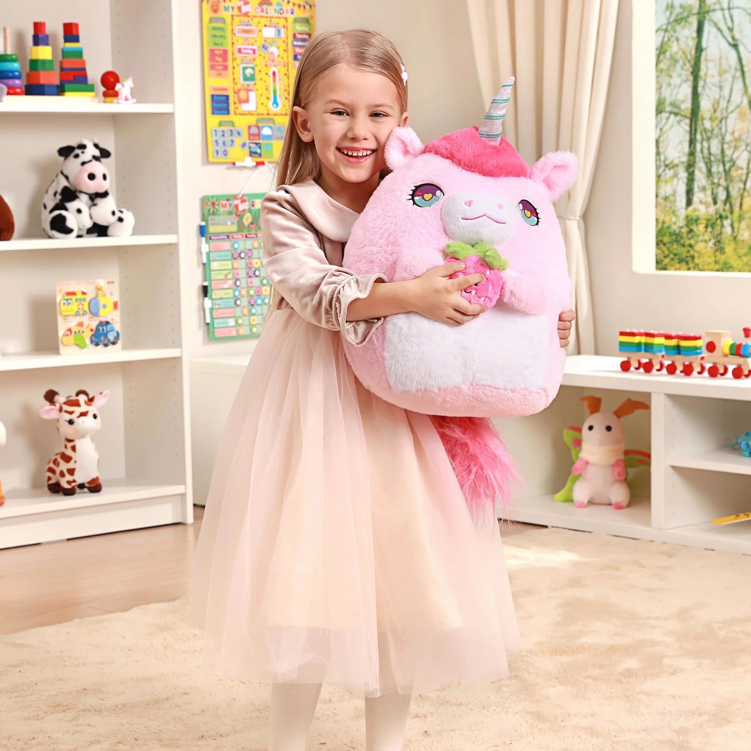 Original 17-Inch Large Unicorn Plush Pillow Stuffed Animal Toy,Cute Soft Big Size Kawaii Hugging Cuddle Huggable Plushie,Gift for Kids