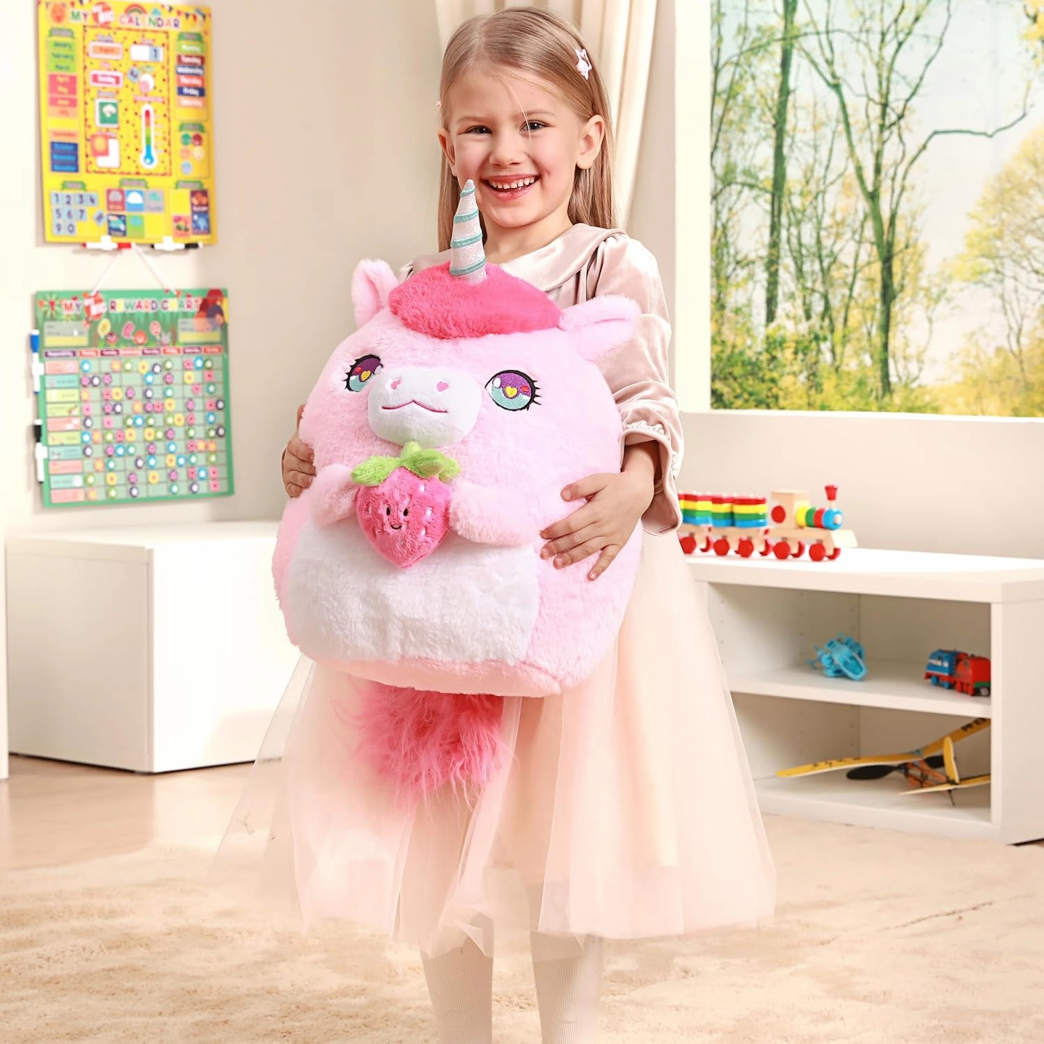 Original 17-Inch Large Unicorn Plush Pillow Stuffed Animal Toy,Cute Soft Big Size Kawaii Hugging Cuddle Huggable Plushie,Gift for Kids