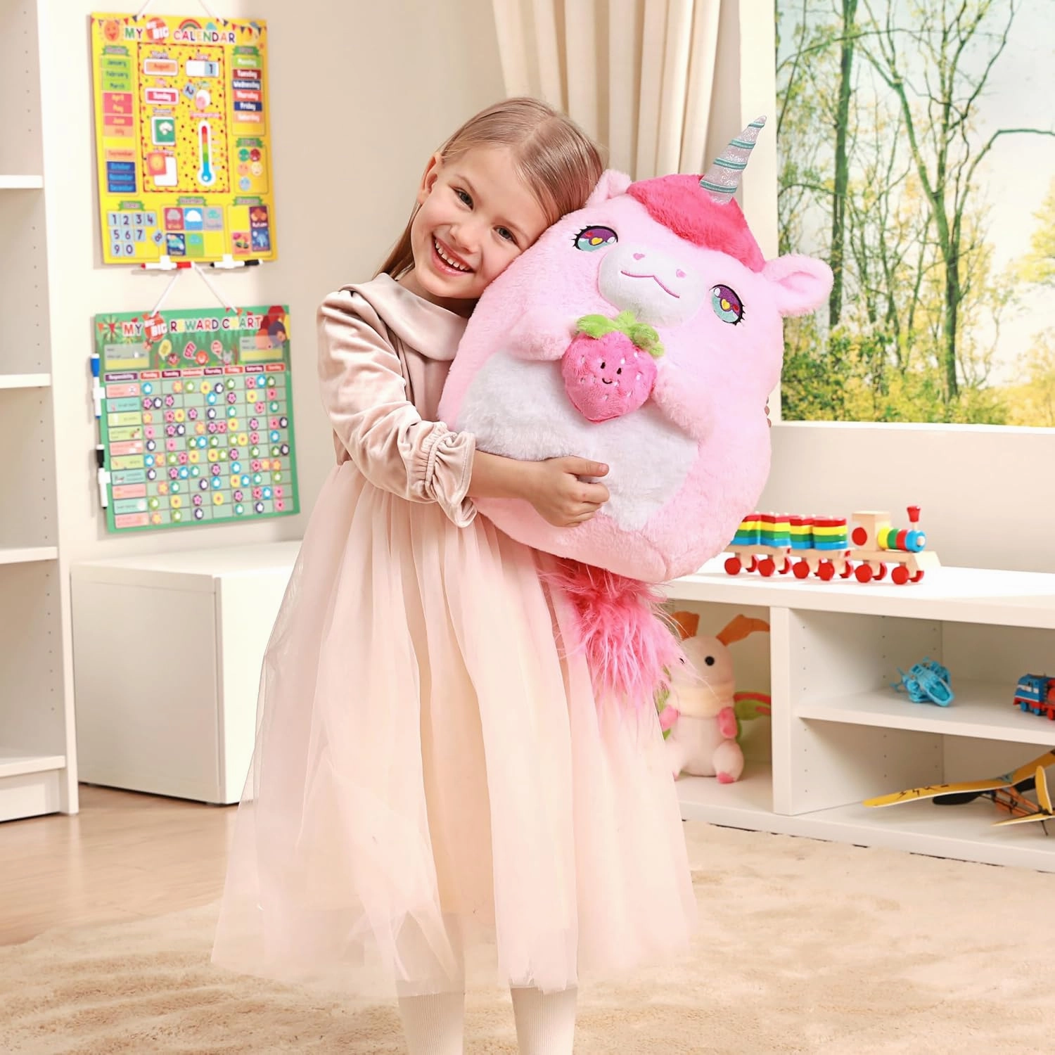 Original 17-Inch Large Unicorn Plush Pillow Stuffed Animal Toy,Cute Soft Big Size Kawaii Hugging Cuddle Huggable Plushie,Gift for Kids